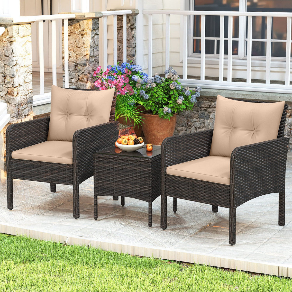 3 Pieces Patio PE Wicker Furniture Set with Cushions, for Porch and Balcony-Beige view 2