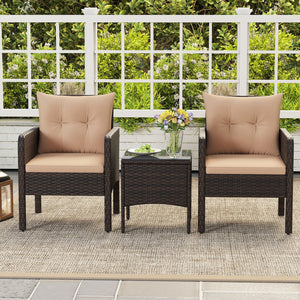 3 Pieces Patio PE Wicker Furniture Set with Cushions, for Porch and Balcony-Beige view 3
