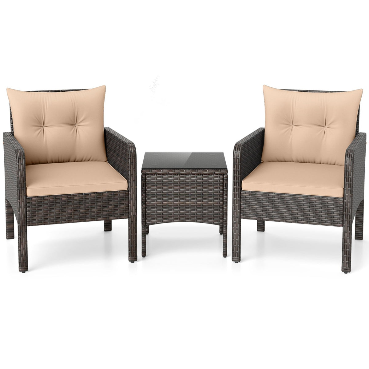 3 Pieces Patio PE Wicker Furniture Set with Cushions, for Porch and Balcony-Beige view 4