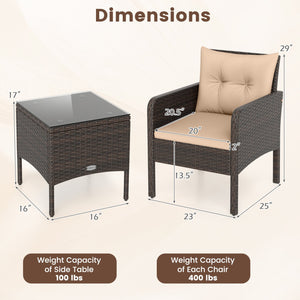 3 Pieces Patio PE Wicker Furniture Set with Cushions, for Porch and Balcony-Beige view 5