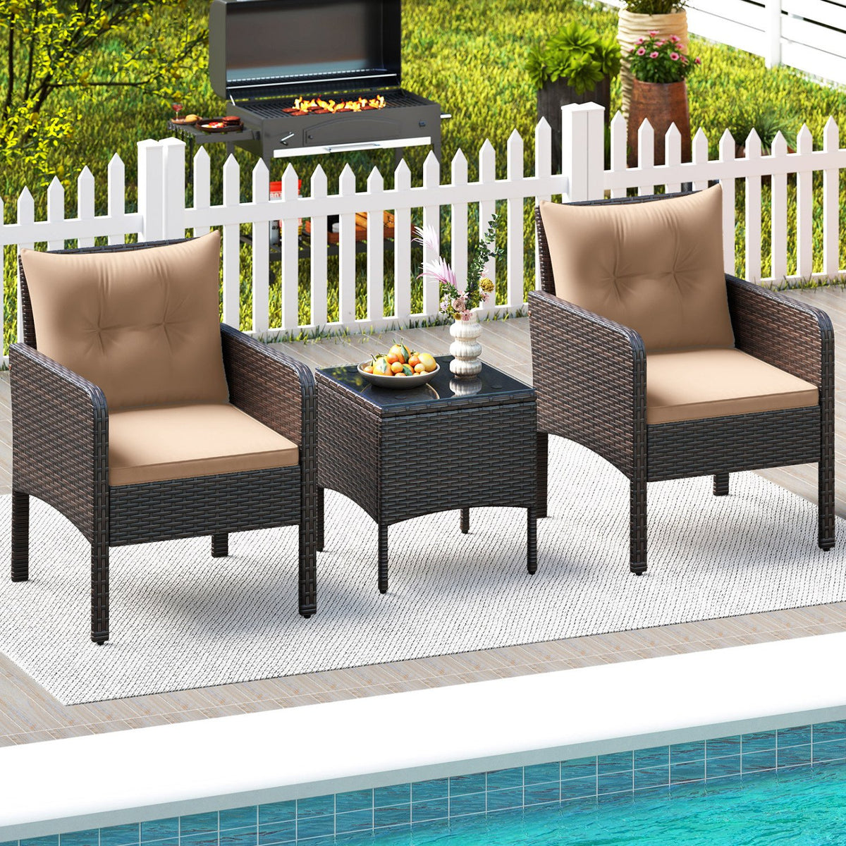 3 Pieces Patio PE Wicker Furniture Set with Cushions, for Porch and Balcony-Beige view 6