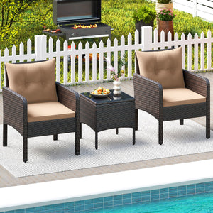 3 Pieces Patio PE Wicker Furniture Set with Cushions, for Porch and Balcony-Beige view 6