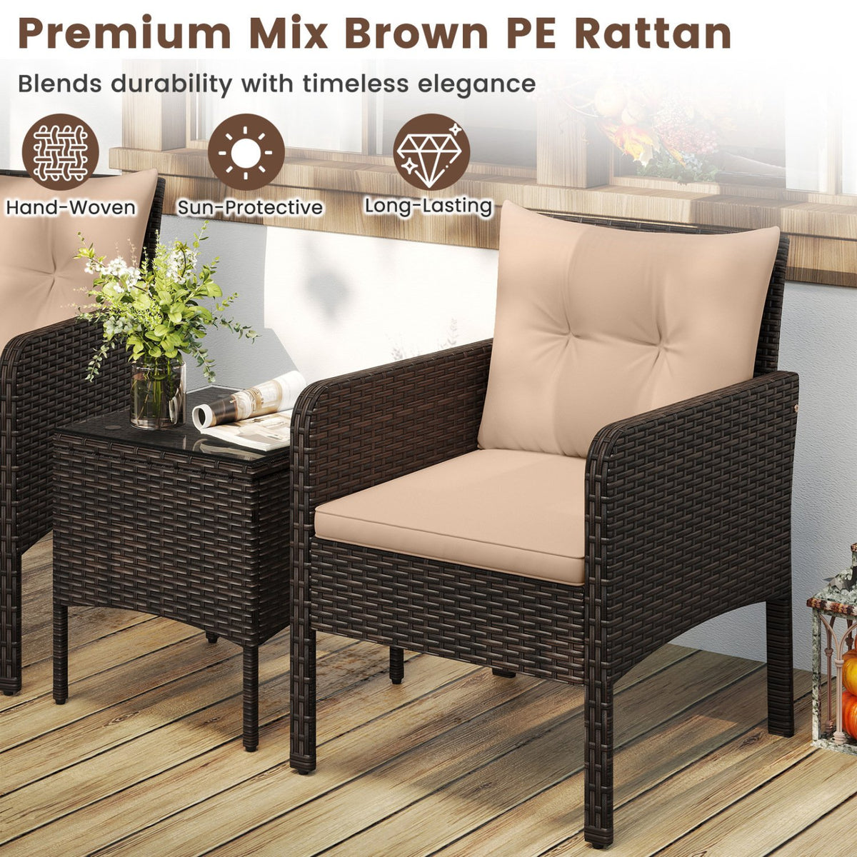 3 Pieces Patio PE Wicker Furniture Set with Cushions, for Porch and Balcony-Beige view 7