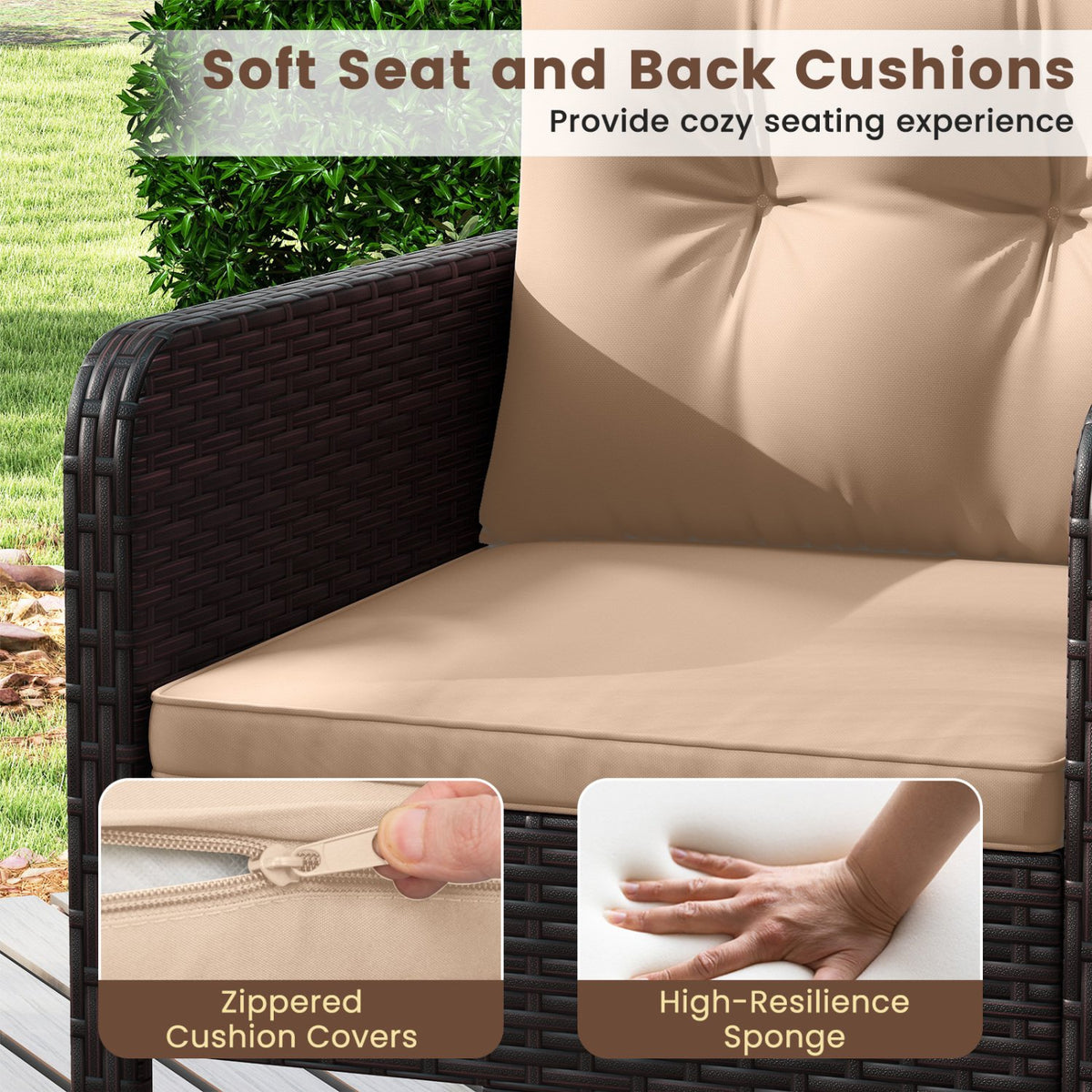 3 Pieces Patio PE Wicker Furniture Set with Cushions, for Porch and Balcony-Beige view 8