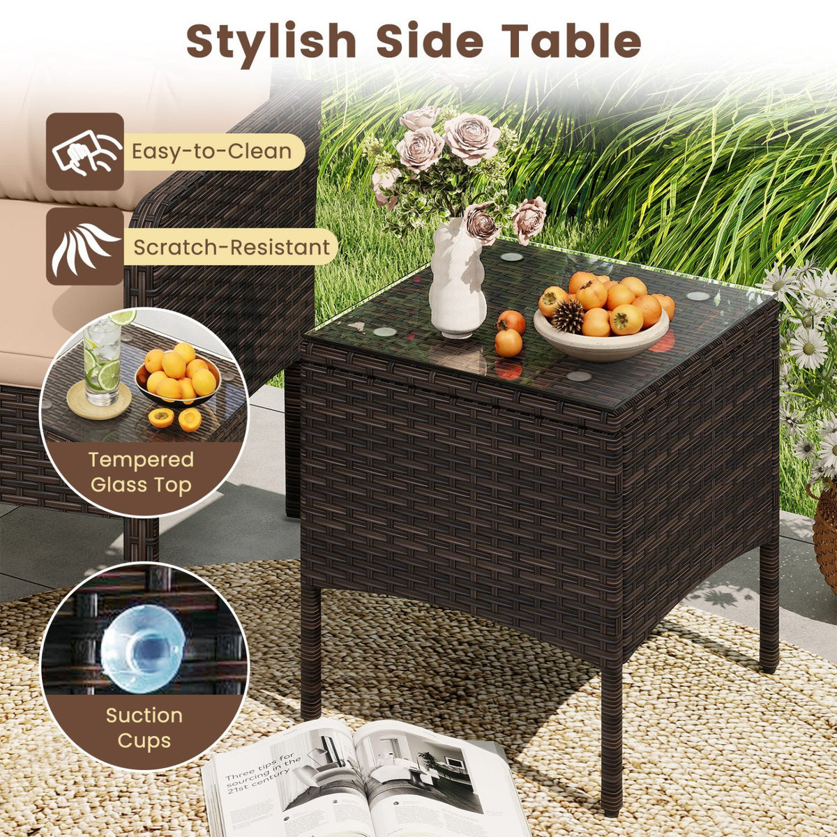 3 Pieces Patio PE Wicker Furniture Set with Cushions, for Porch and Balcony-Beige view 9