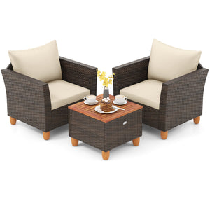 3 Pieces Patio Rattan Bistro Furniture Set with Wooden Table Top-Beige