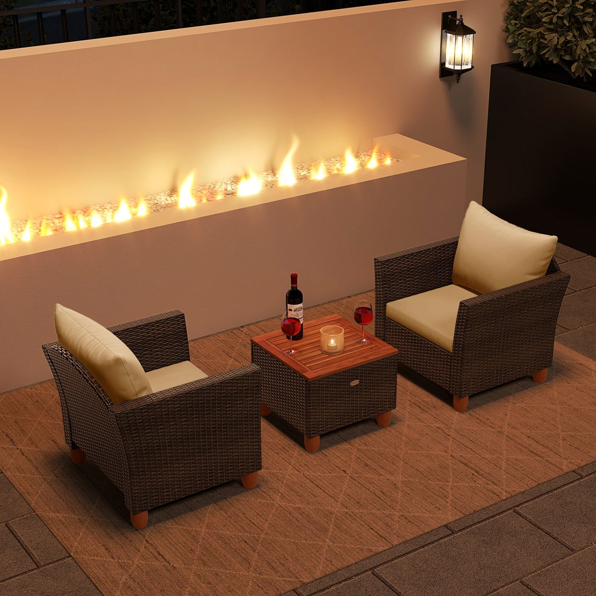 3 Pieces Patio Rattan Bistro Furniture Set with Wooden Table Top-Beige view 2