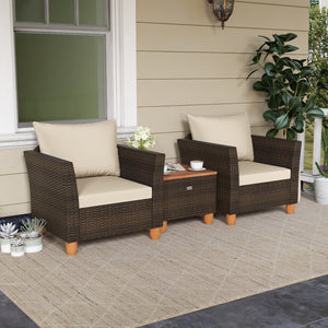 3 Pieces Patio Rattan Bistro Furniture Set with Wooden Table Top-Beige view 3
