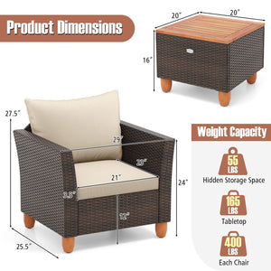3 Pieces Patio Rattan Bistro Furniture Set with Wooden Table Top-Beige view 4