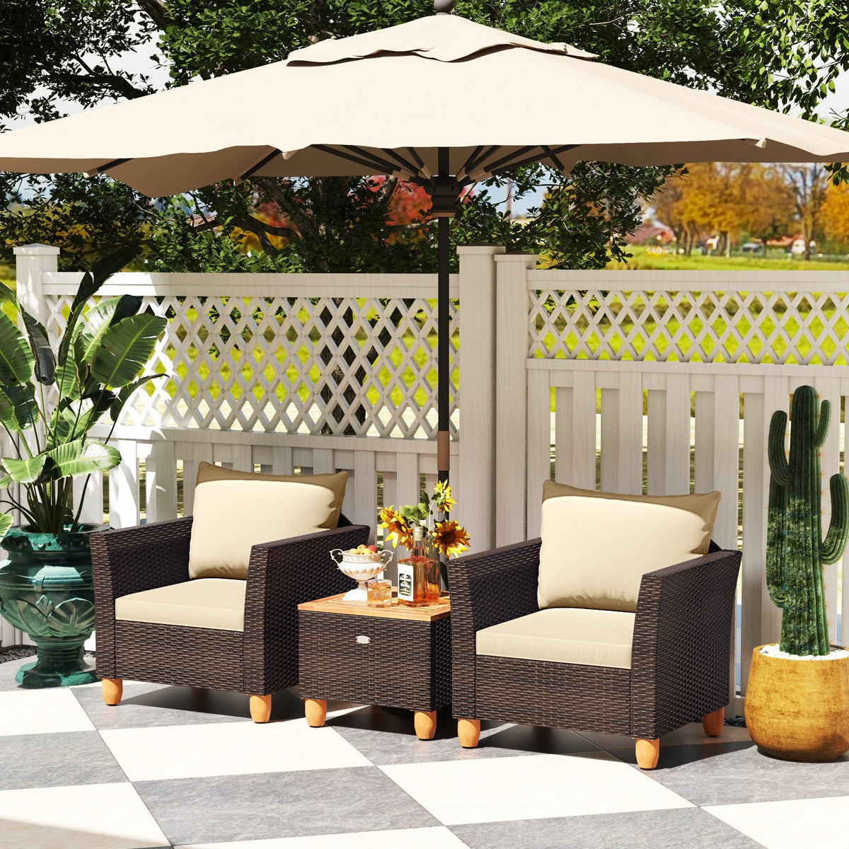 3 Pieces Patio Rattan Bistro Furniture Set with Wooden Table Top-Beige view 5