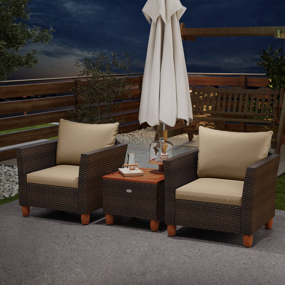3 Pieces Patio Rattan Bistro Furniture Set with Wooden Table Top-Beige view 6