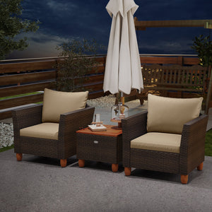 3 Pieces Patio Rattan Bistro Furniture Set with Wooden Table Top-Beige view 6