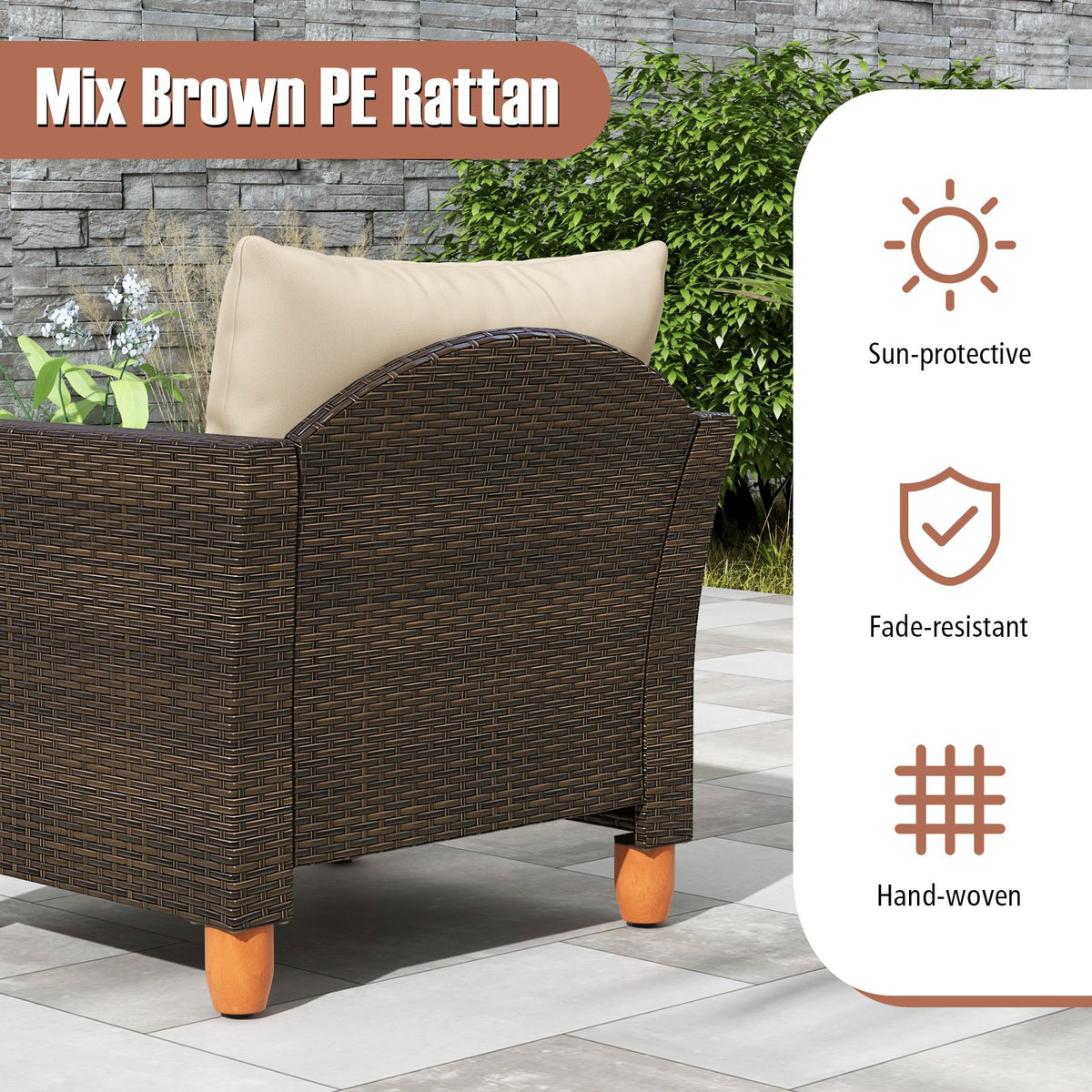 3 Pieces Patio Rattan Bistro Furniture Set with Wooden Table Top-Beige view 7