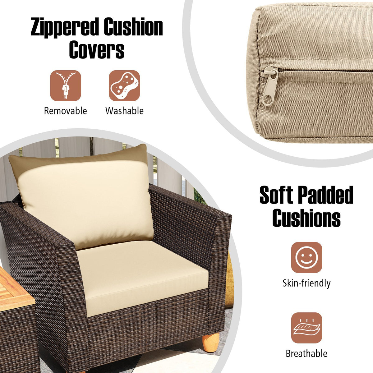 3 Pieces Patio Rattan Bistro Furniture Set with Wooden Table Top-Beige view 8