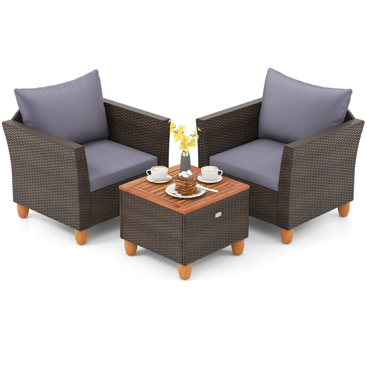 3 Pieces Patio Rattan Bistro Furniture Set with Wooden Table Top-Gray