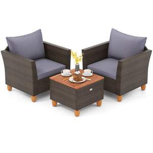 3 Pieces Patio Rattan Bistro Furniture Set with Wooden Table Top-Gray