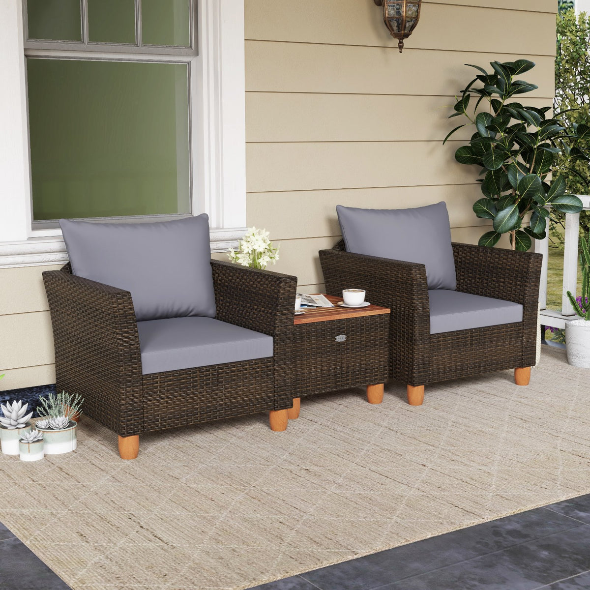 3 Pieces Patio Rattan Bistro Furniture Set with Wooden Table Top-Gray view 2