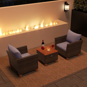 3 Pieces Patio Rattan Bistro Furniture Set with Wooden Table Top-Gray view 3