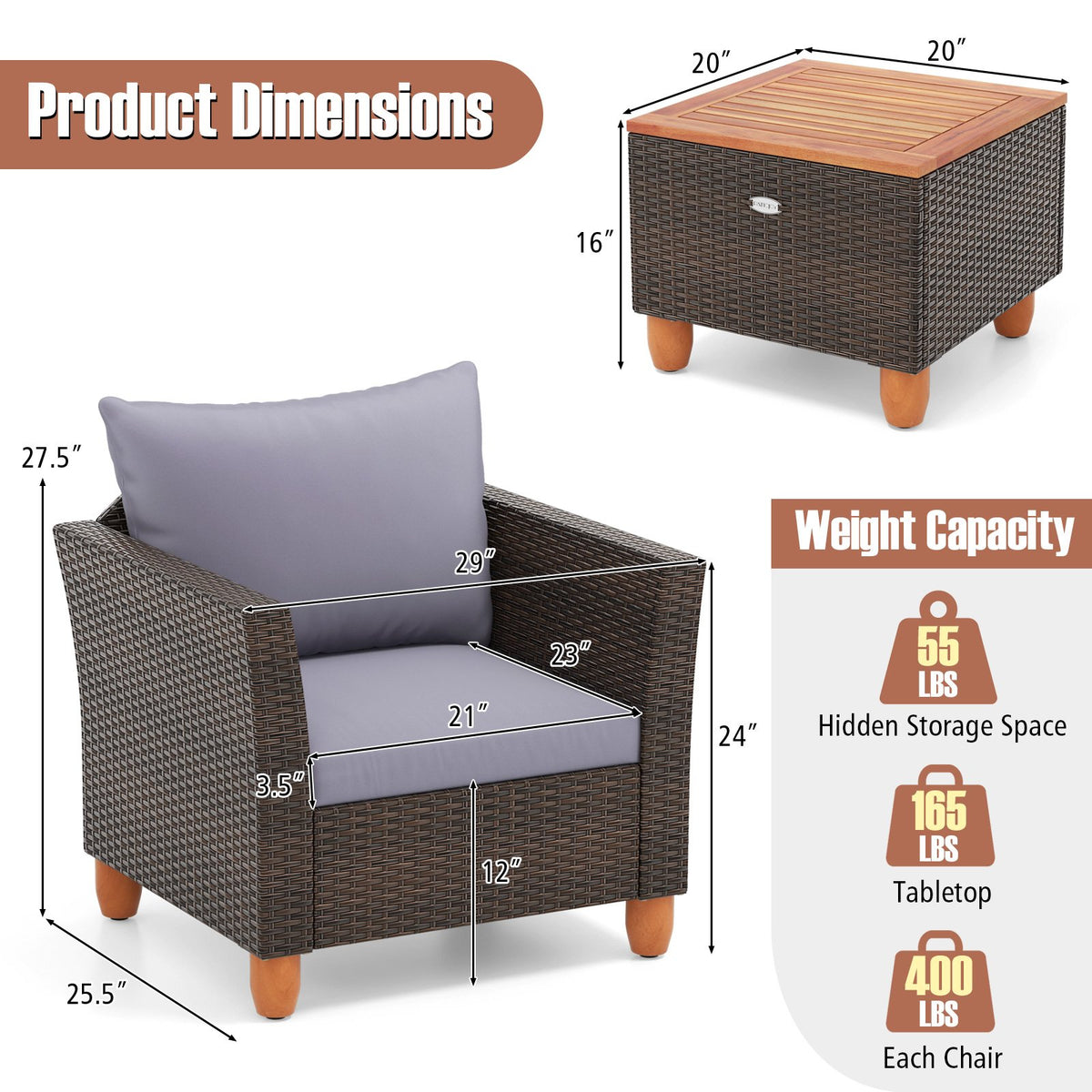 3 Pieces Patio Rattan Bistro Furniture Set with Wooden Table Top-Gray view 5