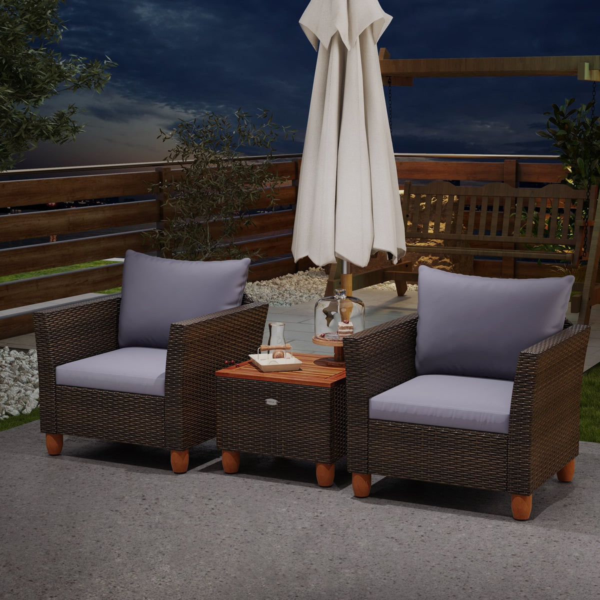 3 Pieces Patio Rattan Bistro Furniture Set with Wooden Table Top-Gray view 6