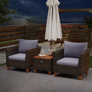 3 Pieces Patio Rattan Bistro Furniture Set with Wooden Table Top-Gray view 6