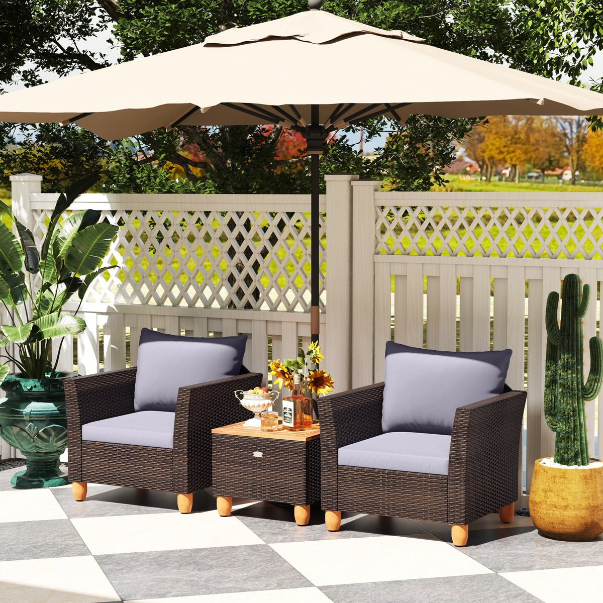 3 Pieces Patio Rattan Bistro Furniture Set with Wooden Table Top-Gray view 7