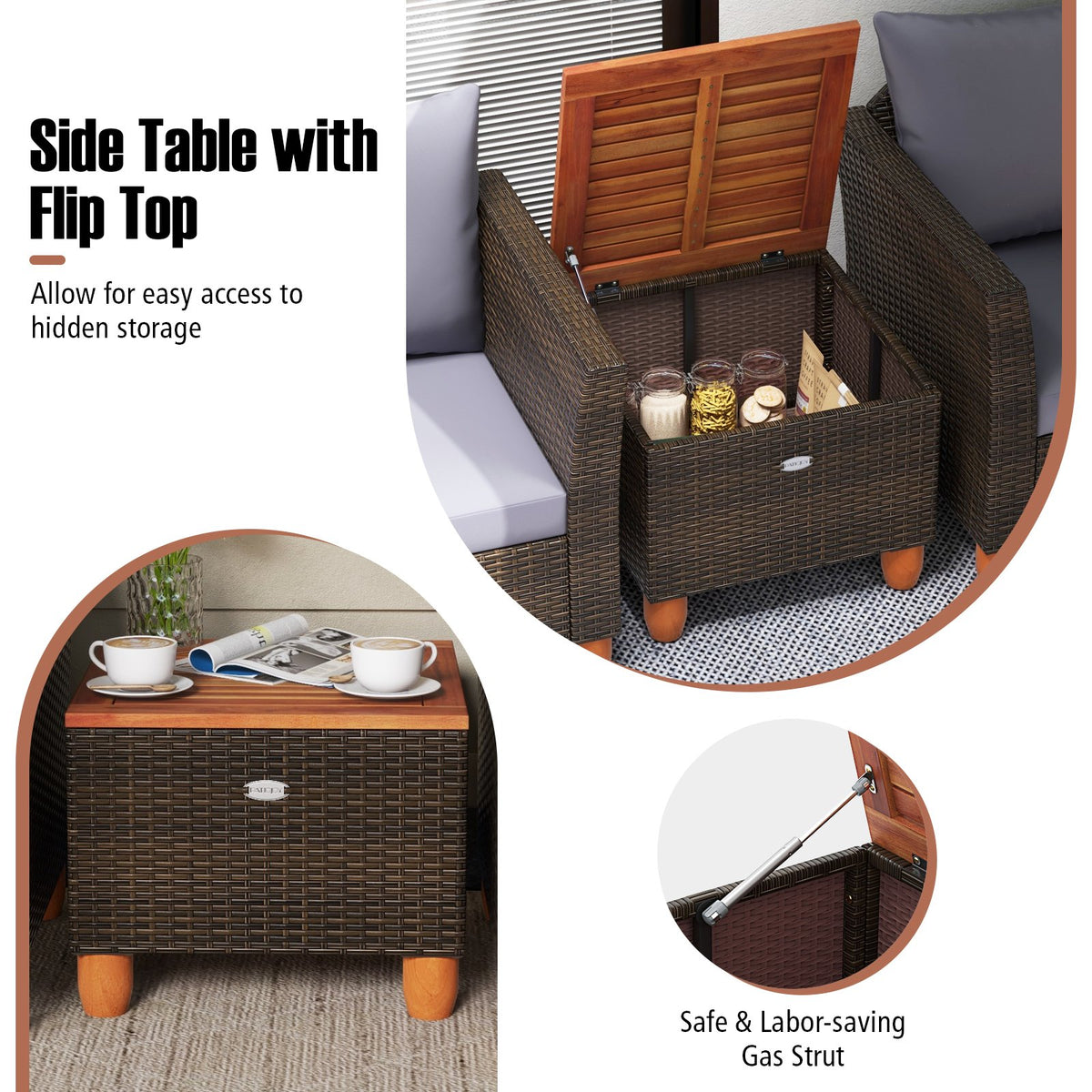 3 Pieces Patio Rattan Bistro Furniture Set with Wooden Table Top-Gray view 8