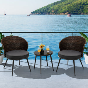 3 Pieces Patio Rattan Bistro Set with 2 Seat Cushions and Tempered Glass Tabletop-Brown view 2