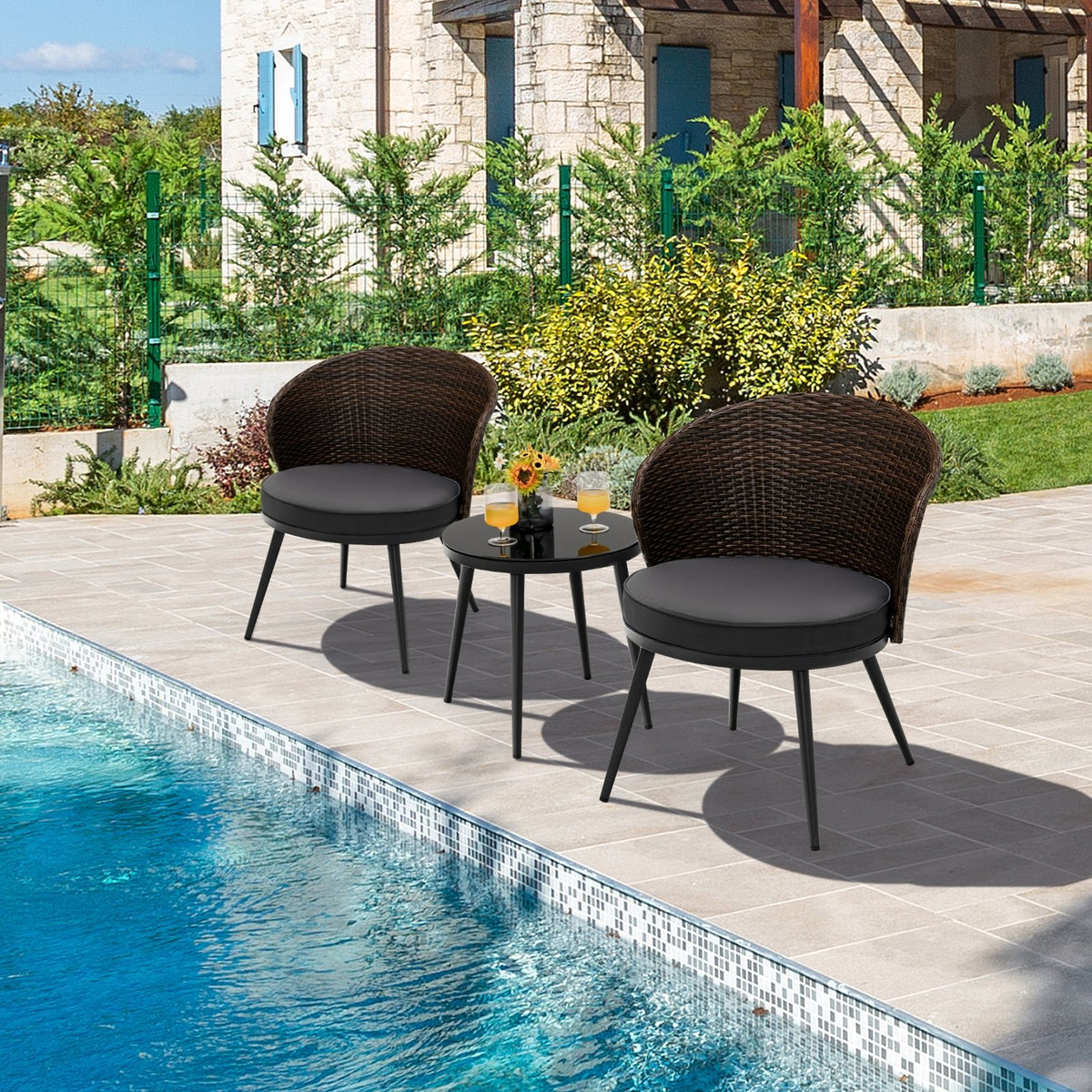 3 Pieces Patio Rattan Bistro Set with 2 Seat Cushions and Tempered Glass Tabletop-Brown view 3
