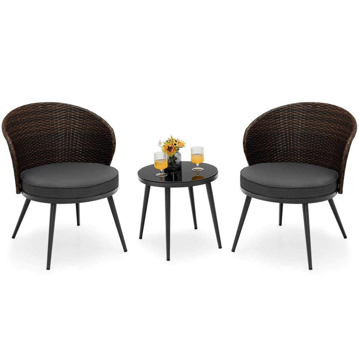 3 Pieces Patio Rattan Bistro Set with 2 Seat Cushions and Tempered Glass Tabletop-Brown view 4