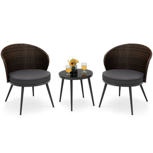 3 Pieces Patio Rattan Bistro Set with 2 Seat Cushions and Tempered Glass Tabletop-Brown view 4