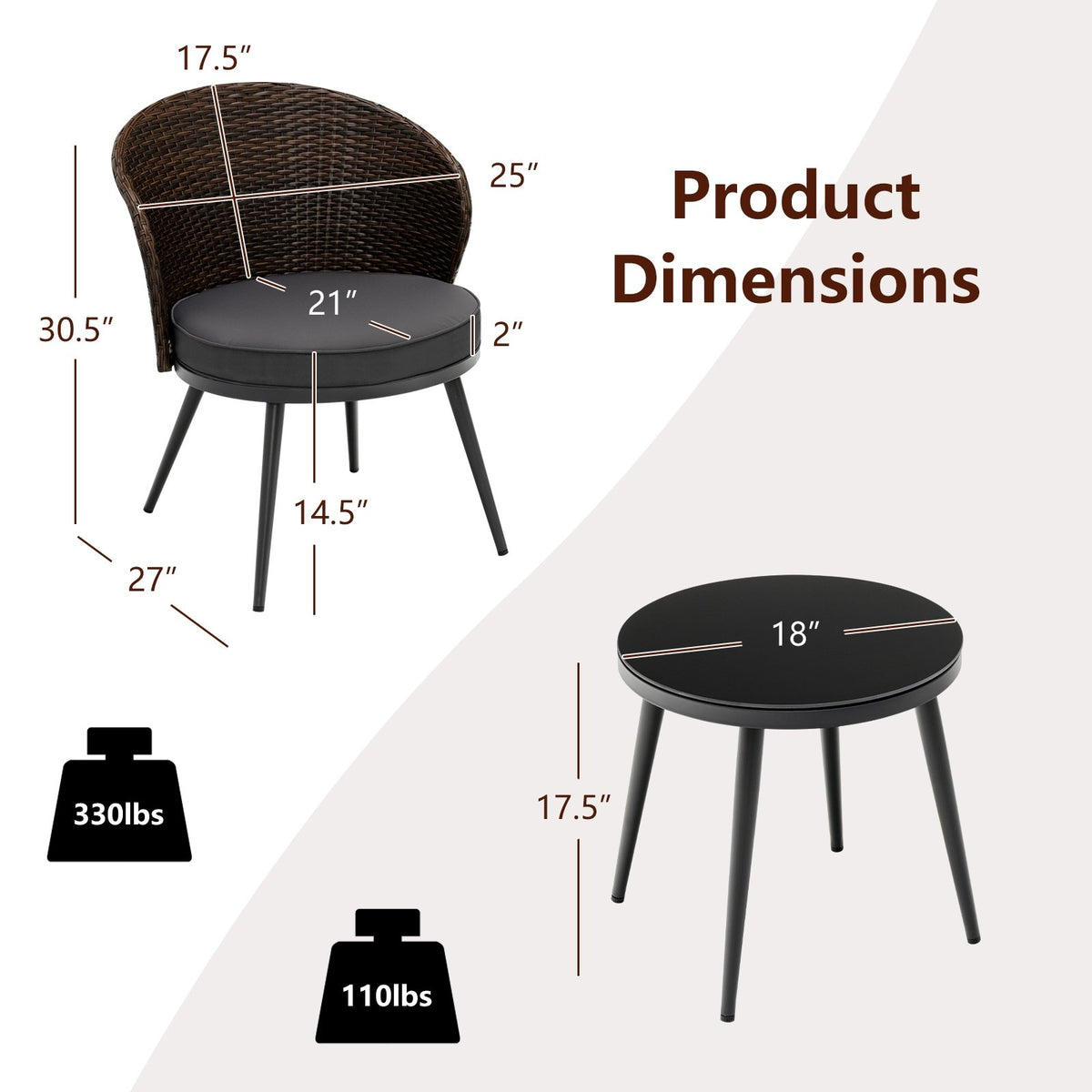 3 Pieces Patio Rattan Bistro Set with 2 Seat Cushions and Tempered Glass Tabletop-Brown view 5