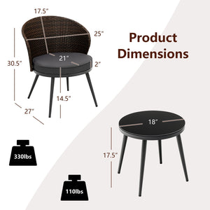 3 Pieces Patio Rattan Bistro Set with 2 Seat Cushions and Tempered Glass Tabletop-Brown view 5