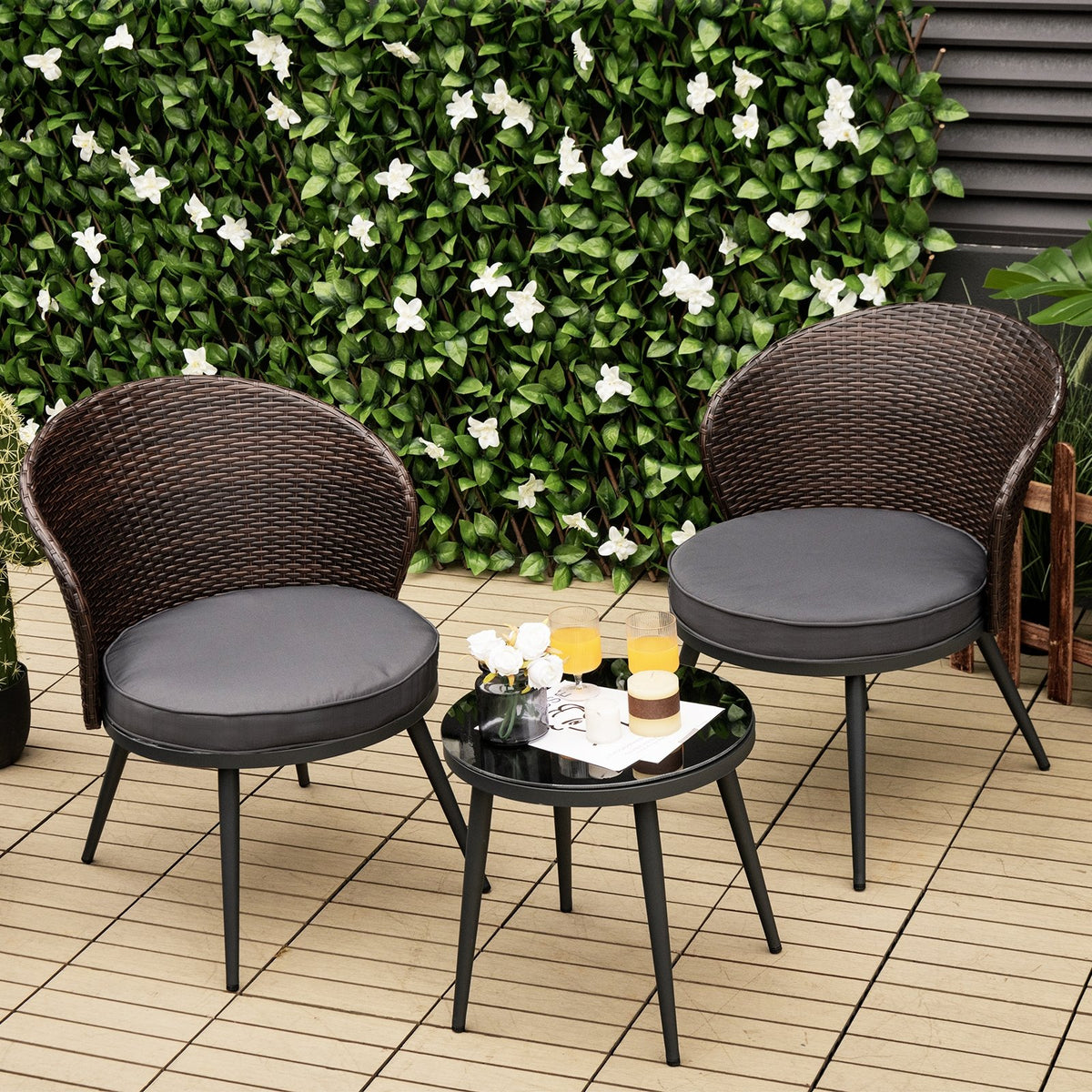 3 Pieces Patio Rattan Bistro Set with 2 Seat Cushions and Tempered Glass Tabletop-Brown view 6