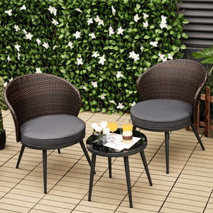 3 Pieces Patio Rattan Bistro Set with 2 Seat Cushions and Tempered Glass Tabletop-Brown view 6