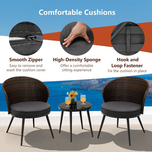 3 Pieces Patio Rattan Bistro Set with 2 Seat Cushions and Tempered Glass Tabletop-Brown view 7