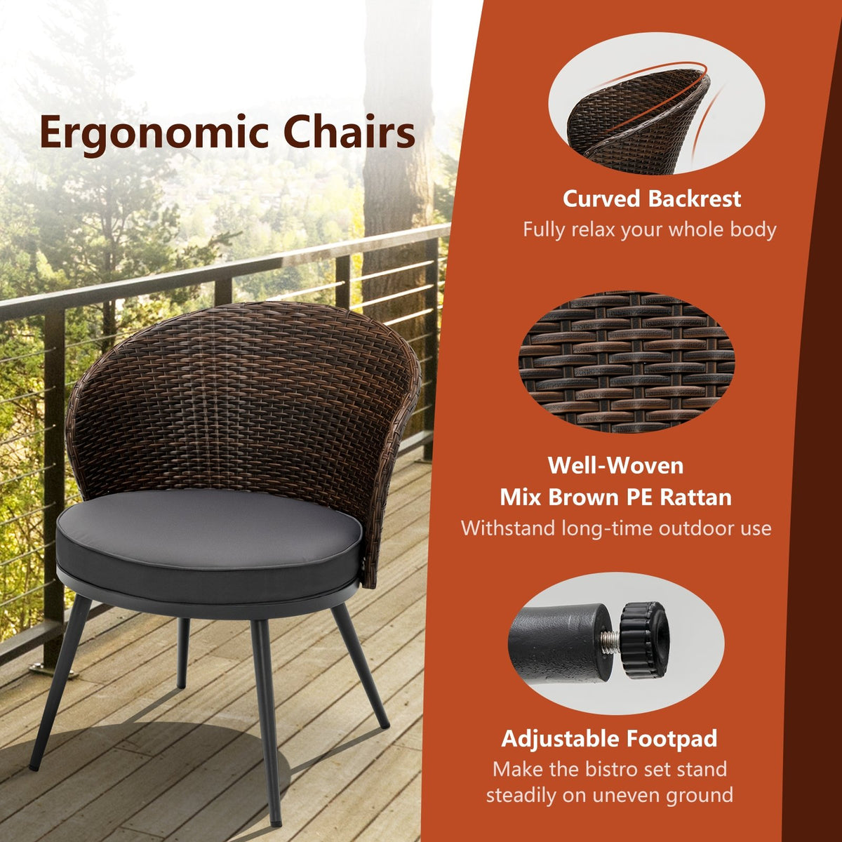 3 Pieces Patio Rattan Bistro Set with 2 Seat Cushions and Tempered Glass Tabletop-Brown view 8