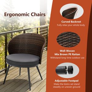 3 Pieces Patio Rattan Bistro Set with 2 Seat Cushions and Tempered Glass Tabletop-Brown view 8