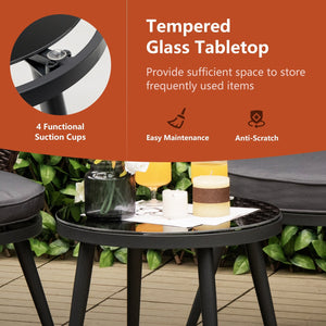 3 Pieces Patio Rattan Bistro Set with 2 Seat Cushions and Tempered Glass Tabletop-Brown view 9