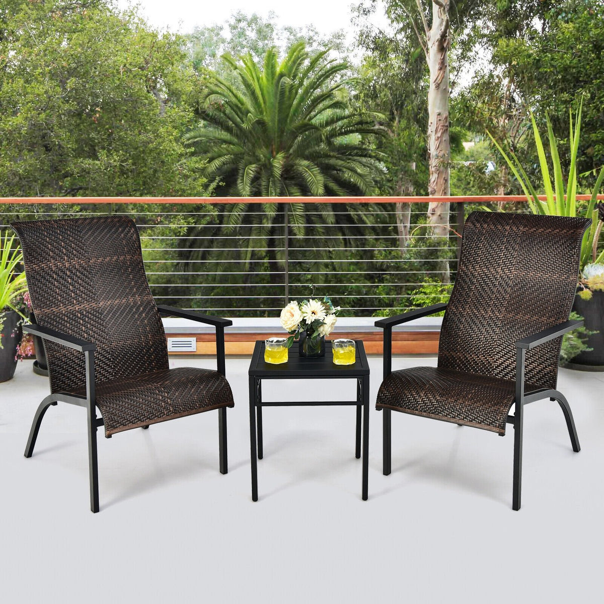 3 Pieces Patio Rattan Bistro Set with High Backrest and Armrest-Brown view 2