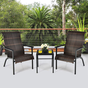 3 Pieces Patio Rattan Bistro Set with High Backrest and Armrest-Brown view 2