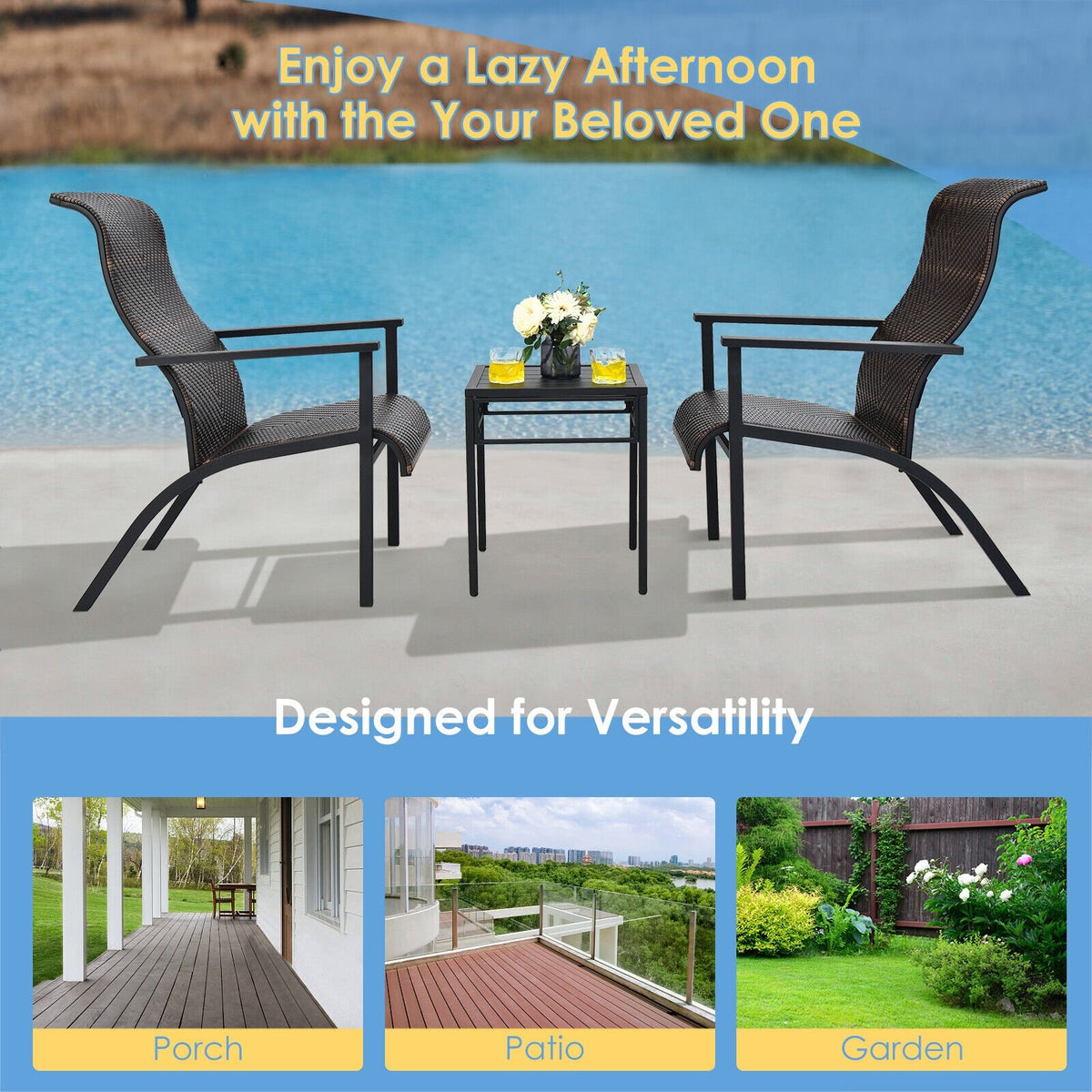 3 Pieces Patio Rattan Bistro Set with High Backrest and Armrest-Brown view 3
