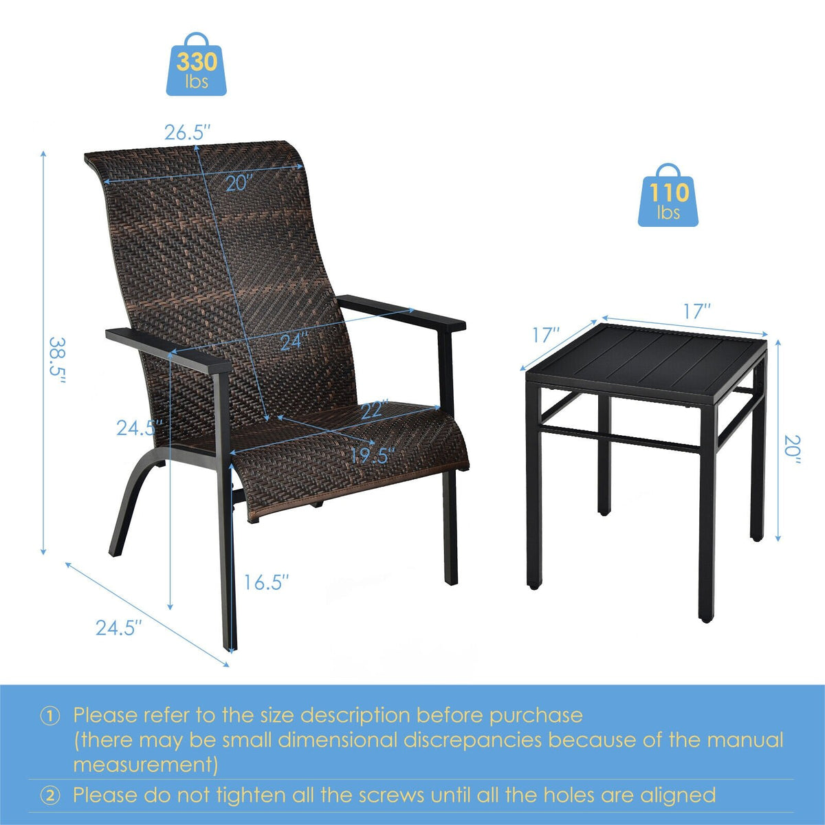 3 Pieces Patio Rattan Bistro Set with High Backrest and Armrest-Brown view 4