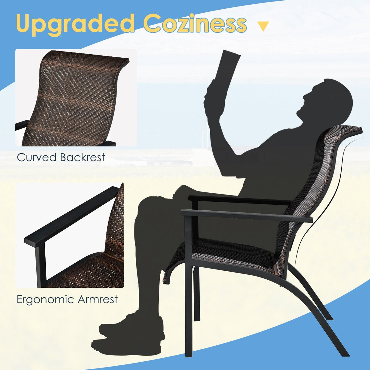 3 Pieces Patio Rattan Bistro Set with High Backrest and Armrest-Brown view 5