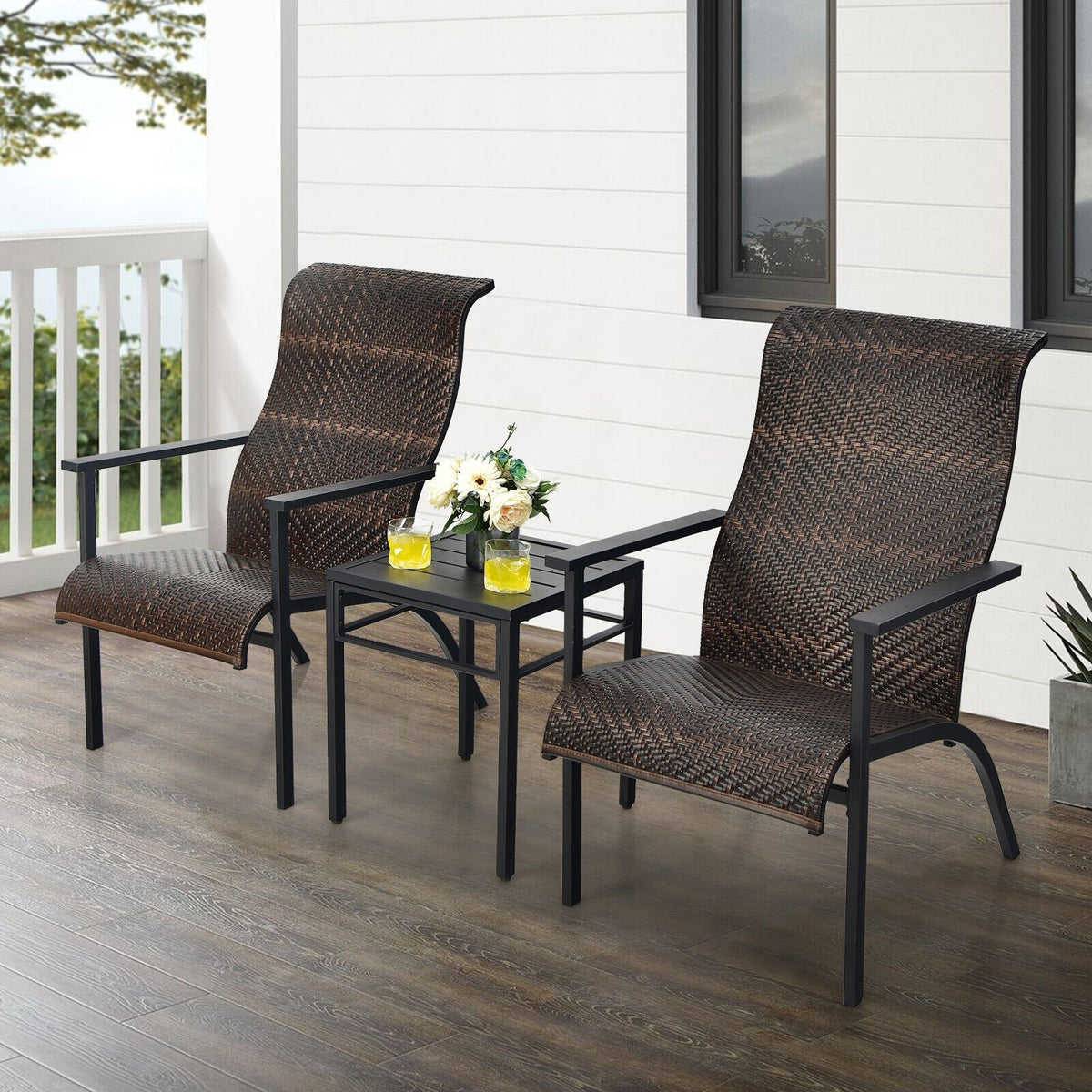 3 Pieces Patio Rattan Bistro Set with High Backrest and Armrest-Brown view 6