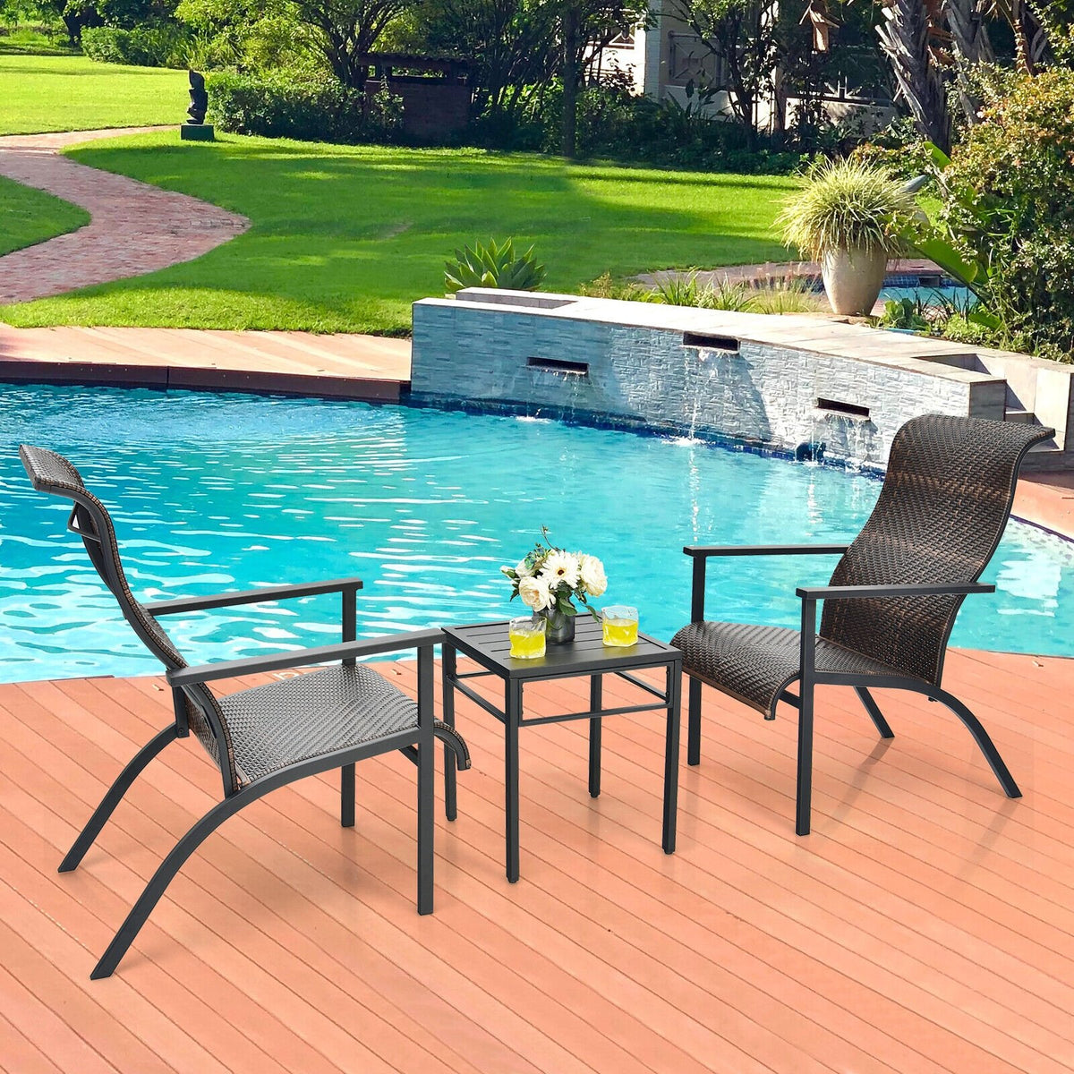 3 Pieces Patio Rattan Bistro Set with High Backrest and Armrest-Brown view 7