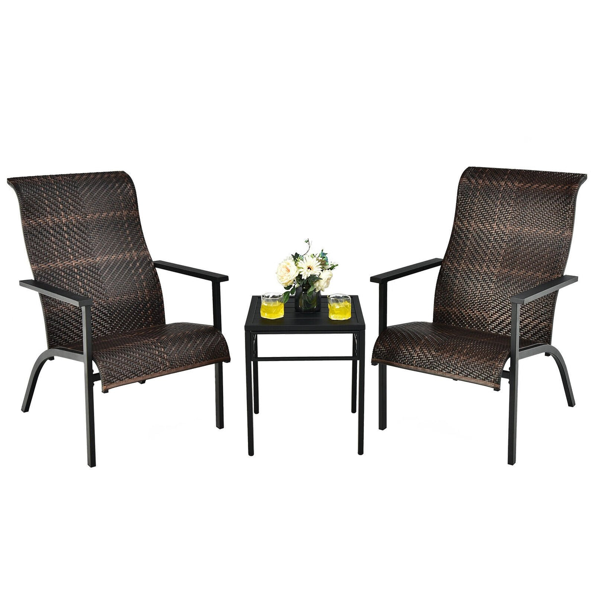 3 Pieces Patio Rattan Bistro Set with High Backrest and Armrest-Brown view 8