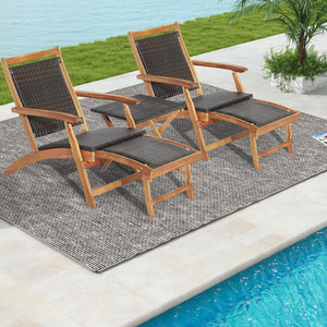 3 Pieces Patio Rattan Folding Lounge Chair Set of 2 with Acacia Wood Table view 2