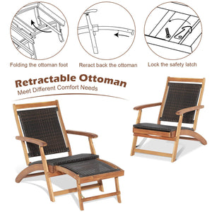 3 Pieces Patio Rattan Folding Lounge Chair Set of 2 with Acacia Wood Table view 8