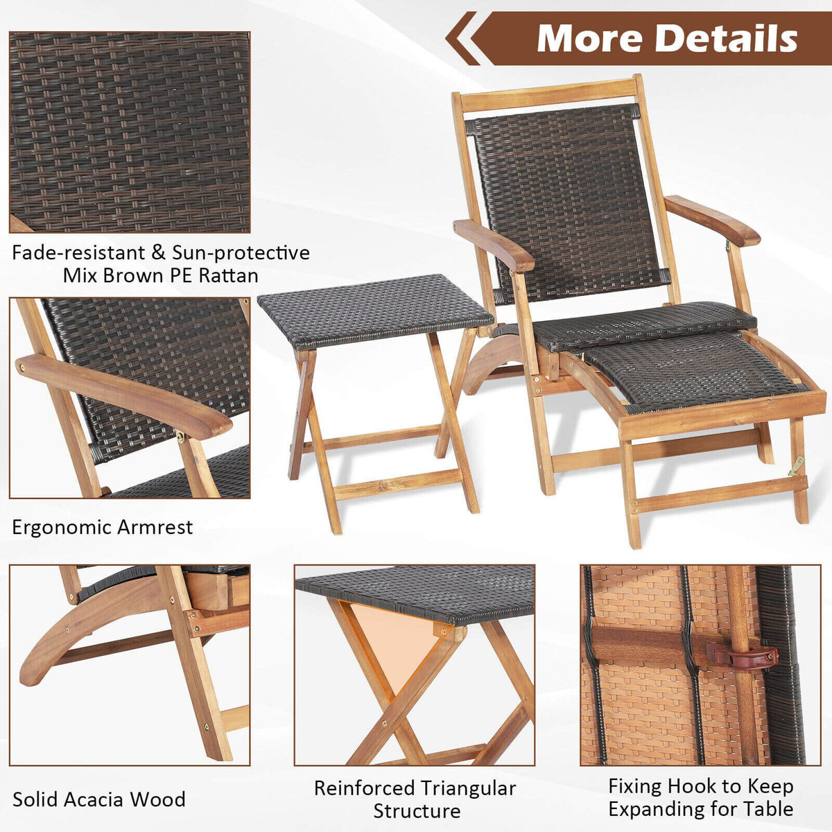 3 Pieces Patio Rattan Folding Lounge Chair Set of 2 with Acacia Wood Table view 9
